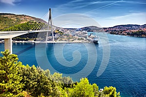 Franjo Tudjman bridge and blue lagoon with harbor of Dubrovnik,Dalmatia,Croatia,Europe