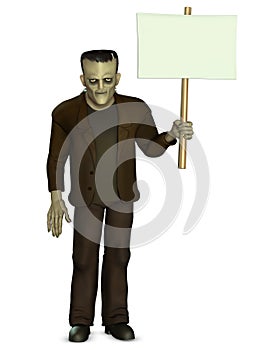 Frankenstein holding placard