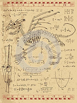 Frankentsein Diary with fantasy monster skeleton, math formulas and mystic symbols