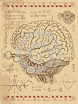 Frankentsein Diary with mechanical human brain, eye and math formulas