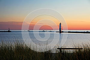 Frankfort Michigan Lighthouse at Sunset. Benzie County.