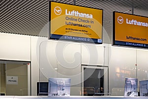 An empty Lufthansa check-in desk at the Frankfurt International Airport