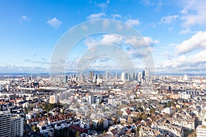 Frankfurt city skyline aerial wide angle image showing city`s tall commercial building