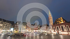 Frankfurt Germany city skyline night time lapse at Romer Town Square