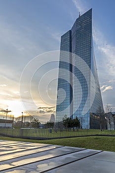 panoramic view of new ECB building in ostend, frankfurt am Main with memorial of the jews deported from the former train station