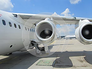 FRANKFURT, GERMANY - Jul 11, 2011: Engines of an Avro RJ100 / BAe 146