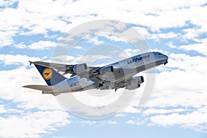 Frankfurt Germany 11.08.19 Lufthansa Airbus A380 4-engine jet airliner starting at the fraport airport takeoff