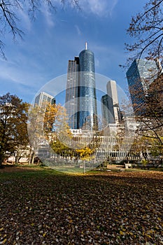 Frankfurt, Germany, November 2020: Beautiful facades of the Maintower in Frankfurt am Main