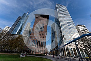 Frankfurt, Germany, November 2020: Beautiful facades of skyscapers maintower, japan tower in Frankfurt am Main