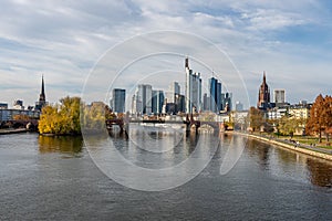 Frankfurt, Germany, November 2020: view on Frankfurt am Main, Germany Financial District and skyline, picture taken on bridge at