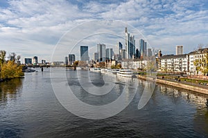 Frankfurt, Germany, November 2020: view on Frankfurt am Main, Germany Financial District and skyline, picture taken on bridge at
