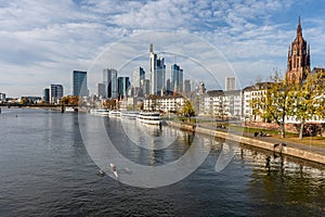 Frankfurt, Germany, November 2020: view on Frankfurt am Main, Germany Financial District and skyline, picture taken on bridge at