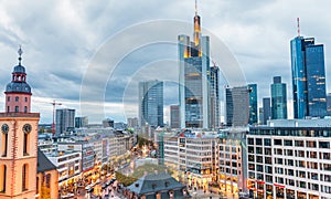 FRANKFURT, GERMANY - OCTOBER 31, 2013: Aerial view of main square at dusk. Frankfurt attracts 5 million visitors every year
