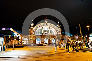 FRANKFURT, GERMANY - SEP 3 2018. Facade of Frankfurt Central train station. The classicistic train station opened in 1899 and is