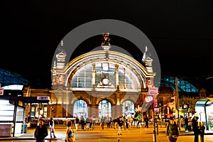 FRANKFURT, GERMANY - SEP 3 2018. Facade of Frankfurt Central train station. The classicistic train station opened in 1899 and is