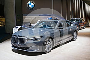 FRANKFURT, GERMANY - SEP 11, 2019: New BMW 7 Series luxury car model showcased at the Frankfurt IAA Motor Show 2019