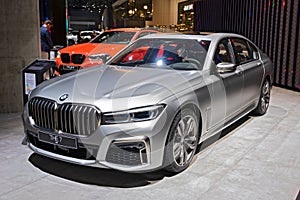 FRANKFURT, GERMANY - SEP 11, 2019: New BMW 7 Series luxury car model showcased at the Frankfurt IAA Motor Show 2019