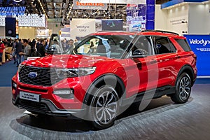 FRANKFURT, GERMANY - SEP 11, 2019: New Ford Explorer plug-in hybrid car model showcased at the Frankfurt IAA Motor Show 2019