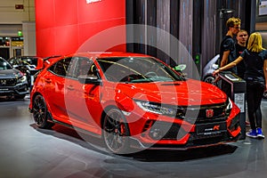 FRANKFURT, GERMANY - SEPT 2019: red HONDA CIVIC TYPE R sport hatchback car, IAA International Motor Show Auto Exhibtion
