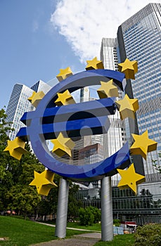 Euro currency symbol  statue near European central bank  in Frankfurt am Main city in  Germany