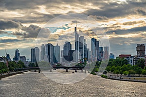 Frankfurt Germany, sunset city skyline at Main River