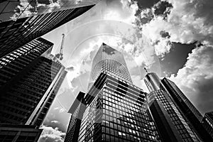 Frankfurt am Main business district skyscrapers black and white photo