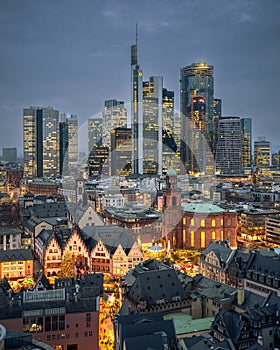 Frankfurt am Main city view with modern architecture and Romerberg