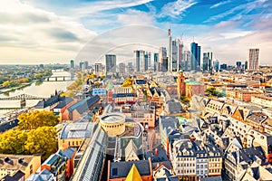 Frankfurt am Main financial business district. Panoramic aerial view cityscape skyline with skyscrapers in Frankfurt, Hessen.