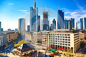 Frankfurt am Main financial business district. Panoramic aerial view cityscape skyline with skyscrapers in Frankfurt, Hessen.