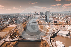 Frankfurt am Main Germany Aerial photography with drone at sunset.