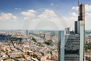 Frankfurt am Main Germany - cityscape Main Tower - river, Comerzbank- above