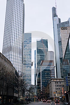 FRANKFURT-AM-MAIN, GERMANY - MARCH 2020: Skyscrapers in financial district in fog rainy day. Skyline of big modern city