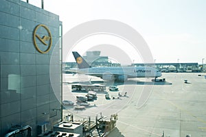 Frankfurt am Main, Germany - October 11, 2015: travelling by air. Lufthansa airbus, jet airliner, aircraft or large passenger plan