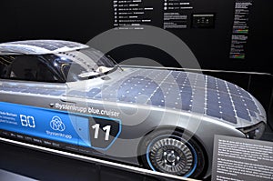 Frankfurt am Main, Germany 09.21.2019: SolarCar Thyssenkrupp BLUE.CRUISER from Bochum University of Applied Science