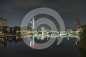 Frankfurt am Main, Main skyline during twilight blue hour.