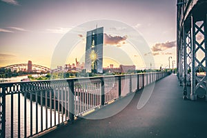 Frankfurt am Main, view across the river over the European Central Bank. ECB, in the background with the skyline and a sunset