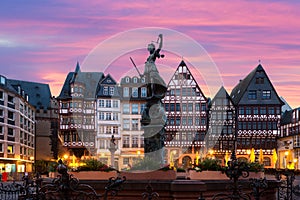 Frankfurt Old town square romerberg with Justitia statue in Fran