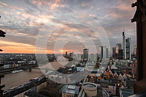 Frankfurt skyline from above, atmospheric, colorful sunrise. Cityscape in Germany with skyscrapers. city, sunset