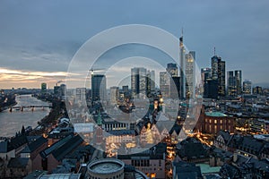 Frankfurt skyline from above, atmospheric, colorful sunrise. Cityscape in Germany with skyscrapers. city, sunset