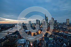 Frankfurt skyline from above, atmospheric, colorful sunrise. Cityscape in Germany with skyscrapers. city, sunset