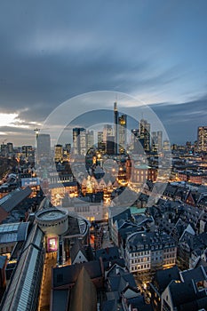 Frankfurt skyline from above, atmospheric, colorful sunrise. Cityscape in Germany with skyscrapers. city, sunset