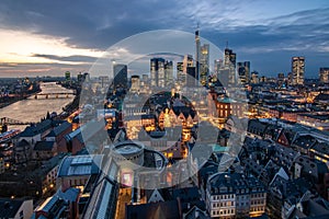 Frankfurt skyline from above, atmospheric, colorful sunrise. Cityscape in Germany with skyscrapers. city, sunset