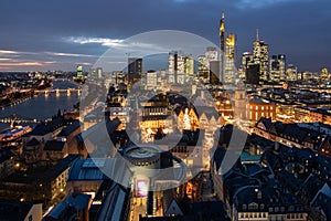 Frankfurt skyline from above, atmospheric, colorful sunrise. Cityscape in Germany with skyscrapers. city, sunset