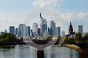 Frankfurt skyline behind the Ignatz Bubis Bridge on the River Main