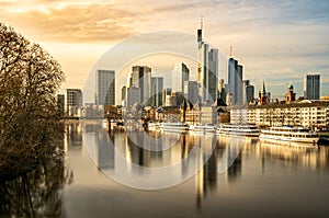 Frankfurt skyline with reflections in the main river, frankfurt am main, germany