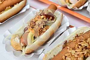Frankfurter sausage hot dogs served with crispy onion bits and relish