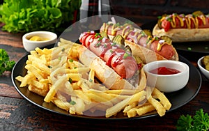 Frankfurter Sausage hotdogs with french potato fries, chips crinkle cut gherkins, ketchup and mustard. fast food