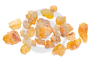 Frankincense resin isolated on white background. Pile of natural frankincense Olibanum. Incense. Top view.