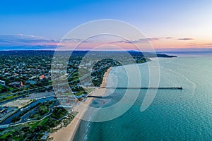 Frankston waterfront and Mornington Peninsula coastline at dusk.