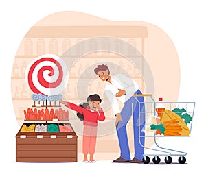 Frantic Child Character Passionately Insists On Buying Candy In Supermarket Creating A Chaotic Scene Vector Illustration